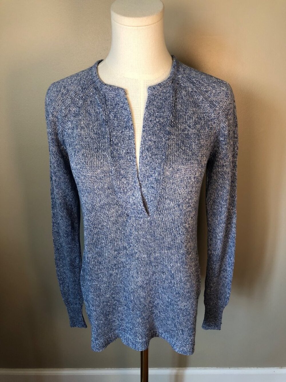 etcetera 100% Linen Blue Split Neck Long Sleeve Knit Pullover Size XS